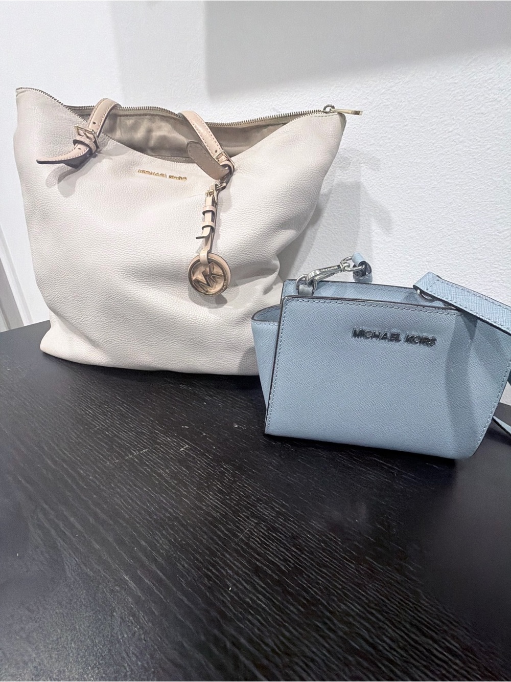 Michael Kors Cream Pebbled Tote with Light Blue Crossbody Set